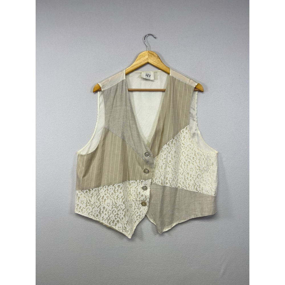 Cottagecore Boho Tofy Women L Cream Beige Patchwork Lace Pinstripe Button Vest